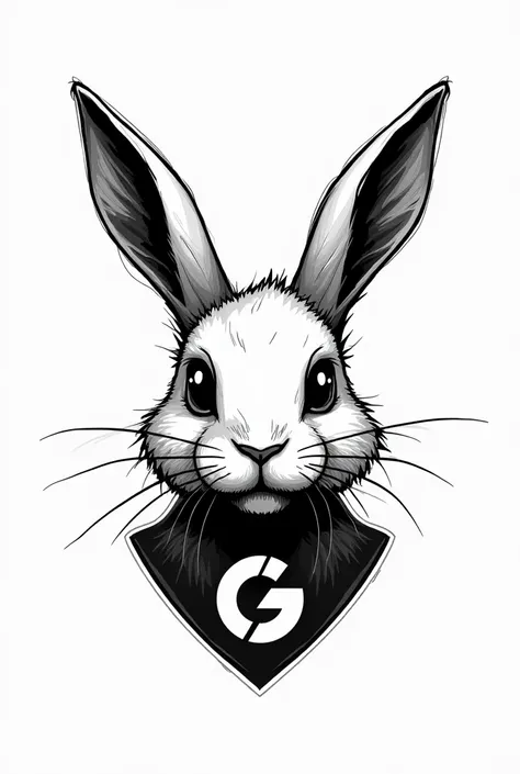 Stilized sketch, bunny face, motorcycle inspiration, view from the front, logo, only borders, face only, black and white