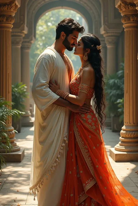 Hot Indian couple in traditional wear with white clothes in ancient Indian background, image is high definition and couple are seen as depicted in ancient Indian art of Kamasutra