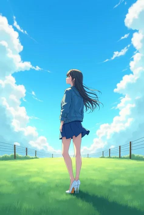 A woman in her 20s looks at the sky
Im wearing a jeans jacket and wearing armbands
Wear a short blue skirt and white 7cm high heels
Standing with legs twisted
The sky is blue and there are clouds
There is a large green field and there is a fence
long strai...