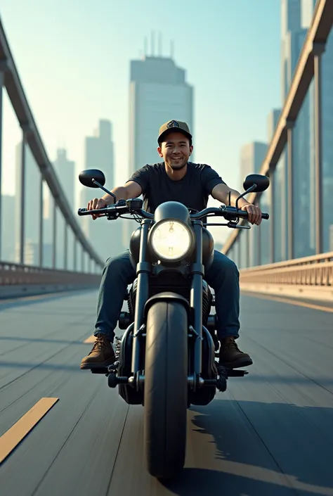 An Asian man wearing shoes wearing a hat rides a huge motorcycle on the citys long bridge