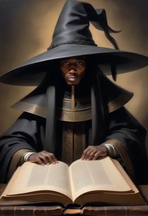 Scholar with big black hats, wild open book