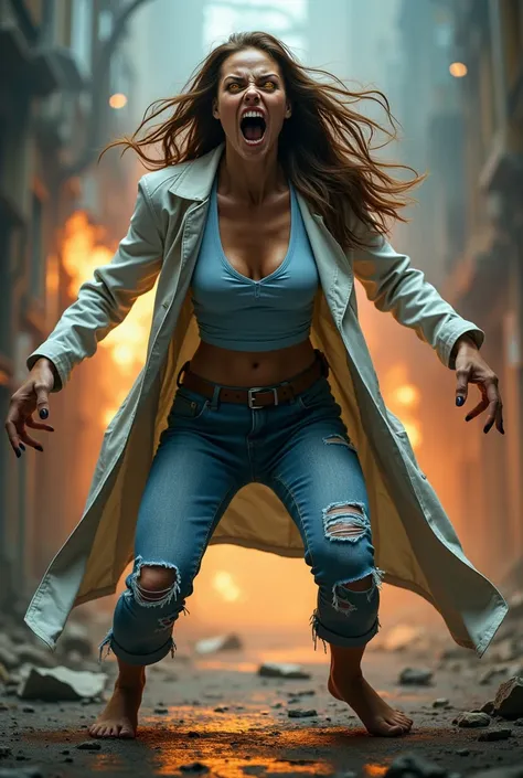 Dynamic realistic art image of a scientific wild and very muscular beast , Dr..  Jennifer Marie Evans ,  with long brown hair flowing wildly , Illuminated yellow eyes,  fair skin and black nails . Hes wearing a torn lab coat , a formal light blue sleeveles...