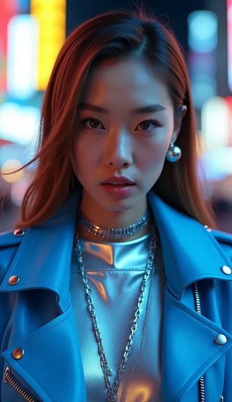 An edgy high-fashion editorial featuring an Asian woman with sleek chestnut-brown hair styled in a deep side part. She wears an electric-blue leather jacket with structured shoulders and a silver metallic mock-neck top peeking through the unzipped collar. ...