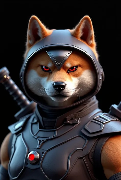 Create a 3D style and realistic shiba inu    with half of its face is cyborg, left eye is    glowing red, make it wear a bonnet with a sword on his back, show the front-view     just his face and his chest, make the background just color black, make it loo...