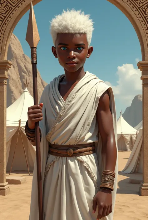 Make me a  boy , negro,  white hair,  blue eyes and wearing realistic white Greek clothes,  he holds a wooden spear ,  in the background make it very beautiful according to ancient Greek patterns , In addition to having a camp  
