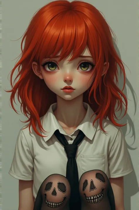  A young girl with slightly brown skin , red hair (big)therefore, tired eyes,  eyes ,  a white blouse with a black tie and tights with skulls drawn