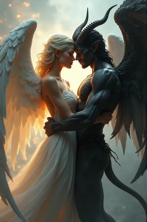 A white-haired angel and a black-haired demon posing sensually