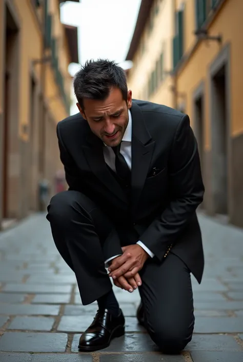 Florence in italy，handsome and sexy Argentinean man. mans crotch testicles hurt a lot，Kneeling on the ground， holding their crotch testicles with two hands，grab the crotch testicles with both hands。black suit，black tie，Black leather shoes，Black socks. 