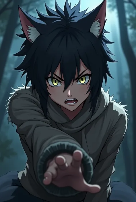 anime warewolf perempuan Hair hitam pendek bandol mukanya tegas dan sangar, slanted eyes, Hair