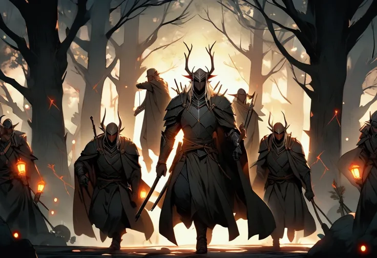 A group of dark-skinned Dark Elves, clad in dark armor detailed with glowing runes, advance silently through enemy territory. They move with precision and caution, utilizing shadows and the cover of trees to avoid patrolling Alba Elves. Their expressions a...