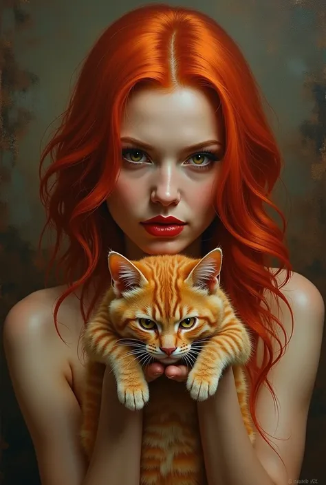 women, red hair, with a cunning orange cat on her hands, oil shiny skin,  portrait