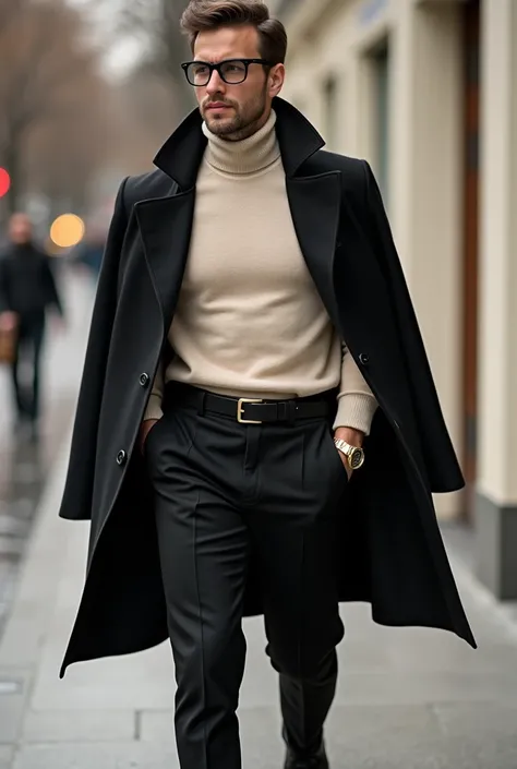 A man wearing light beige colour turtle neck sweatshirt tucked in the black trousers and a black belt with a metal hook and wearing a black coat over the sweatshirt wearing black leather shoes wearing a gold watch and wearing black glasses 