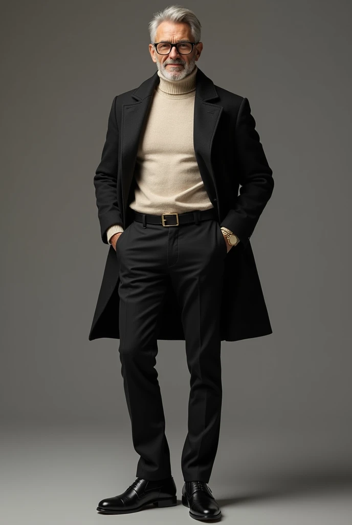 A man wearing light beige colour turtle neck sweatshirt tucked in the black trousers and a black belt with a metal hook and wearing a black coat over the sweatshirt wearing black leather shoes wearing a gold watch and wearing black half frame glasses 