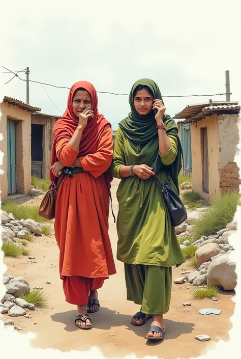 whimsical watercolor portrait of Sindhi and balochi women and ren in old shalwar and qamees who are waste pickers living in rural Karachi talking on mobile phone to cell to launch the complain. Show that one women is talking on mobile phone and simple make...