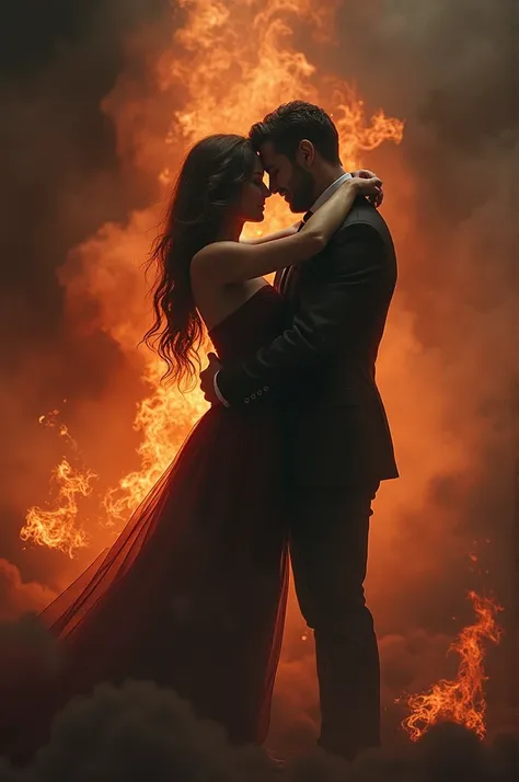 a design that shows a woman from behind hugging a man with a background of fire and dark smoke You could also have the title in an elegant, dramatic font, perhaps in black against the background of flames that says Captivated in Fire