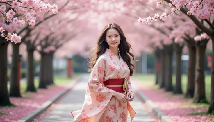  A Japanese woman with smooth skin, healthy ,  holding a small bowl containing a cherry blossom mask .  She stands under a canopy of cherry trees ,  soft light shines through the petals ,  creates a sense of blending with nature .