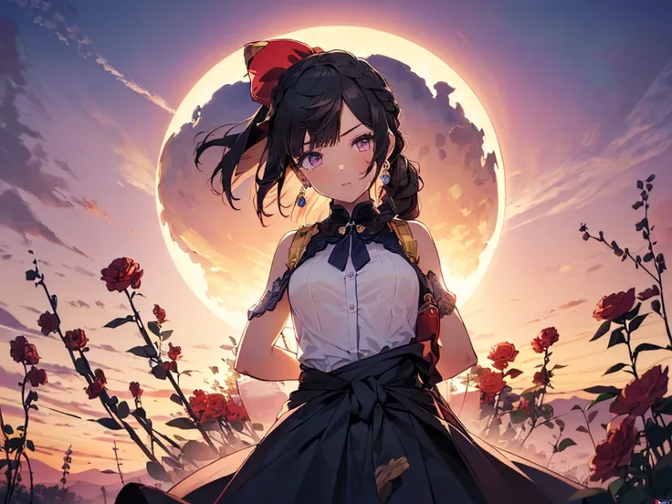 (solo girl, one girl :2), (adorable expression), ((hair tied in a big blue ribbon))), (((long black hair))), ((lots of hair accessories))), (((teardrop shaped earrings))), (((dark blue high neck dress, opera gloves))), (arms folded behind waist :2), ((surr...