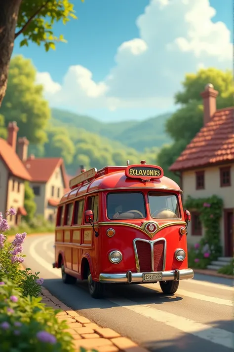 A cute red bus in the road