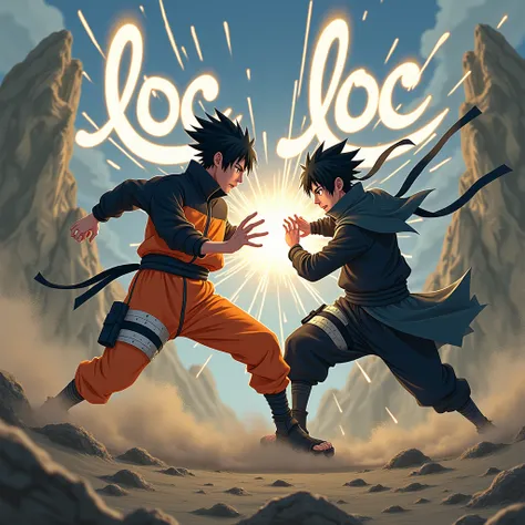 naruto, Sasuke, Combat, Writing in letters “LOC”, ecriture en l’airs « LOC »