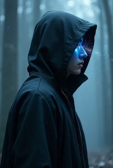 Sun jin woo but with a black hoodie looking the opposite dirwction to you with blue particals coming from his eyes