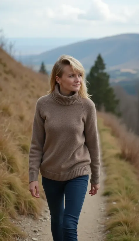 A 38-year-old woman walking along a hillside path, wearing a turtleneck sweater.