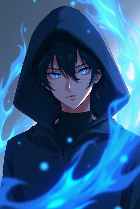 Sun jin woo but with a black hoodie looking the opposite dirwction to you with blue particals coming from his eyes anime type