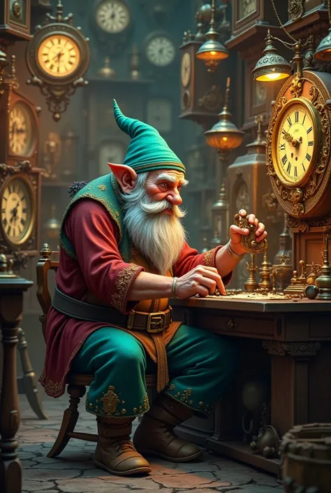 A detailed stylized dwarf, who is probably about 50 years old, with an average build and pointed ears, sits at a workbench with drums and drumsticks in his hands, artfully made of dark wood and lined with antique clocks and gears.  He is wearing a turquois...