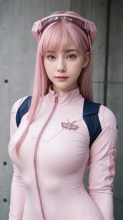 ((best quality)), photorealistic, photorealism, Photorealistic, high resolution, Beautiful, Baby Face, , White Skin, pale skin, adorable, Medium Breasts, Combat pose, looking at the camera, (Detailed face), pink hair, bangs, (wearing pilot bodysuit, high-t...