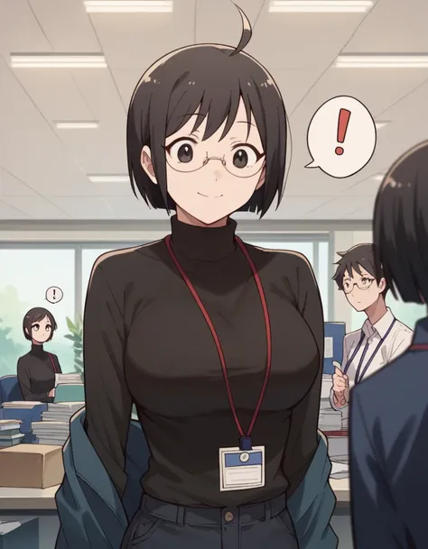 lucy yamagami, short hair, black hair, black eyes, ahoge, glasses, large breasts,
pants, sweater, turtleneck, id card, lanyard,masterpiece,high quality,woman,light smile,office,spoken exclamation mark,