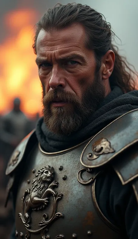 Close-up of the same man, his weathered face marked with scars of past battles, looking fiercely ahead. His armor is intricate and battle-worn, featuring a lion motif on the chestplate symbolizing strength. In the background, blurred flames and soldiers cr...