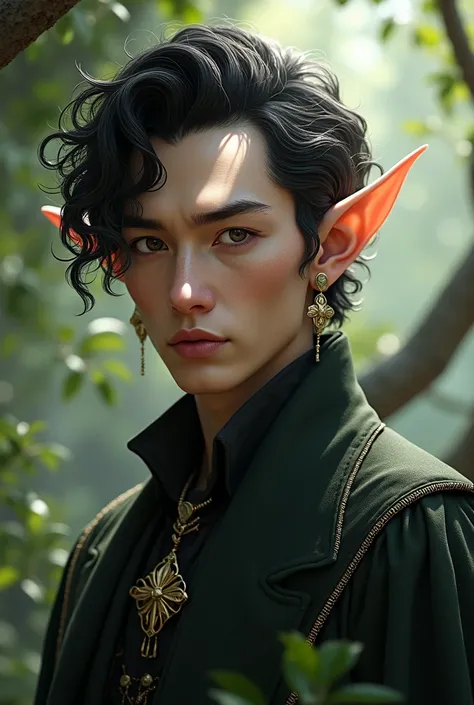 create the image of a male elven . Middle-aged white with curly and black hair