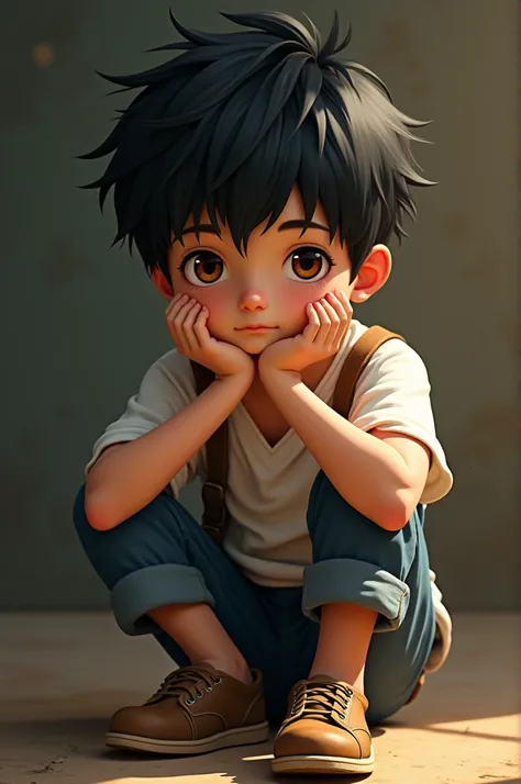 black haired boy, wearing shoe ,  light brown eyes  