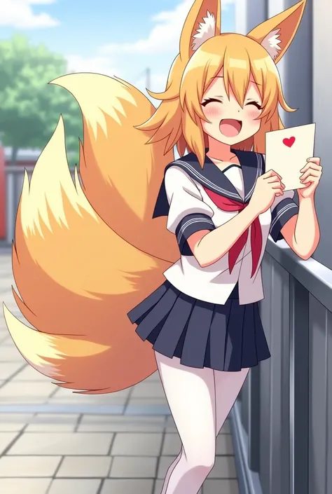 Anime nine-tailed fox girl with Japanese uniform. She has medium breast. She is happy, closing her eyes and laughing. Her hand is holdin a love letter. She is wearing a white leggings. She is leaning against the railing. On the letter has a heart