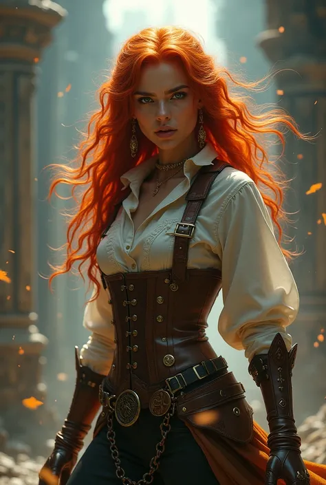 A woman, red hair, antique travel outfit, dynamic pose, complex fantasy character, NSFW, cinematic lighting, fantasy, magic, detailed background, close-up, best quality, HDR, 8k, photorealistic, RAW photo, highly detailed