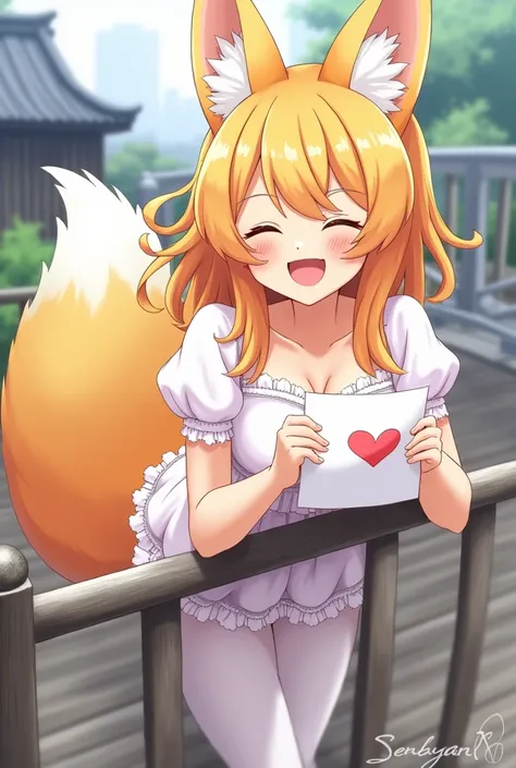 Anime nine-tailed fox girl with Japanese uniform. She has medium breast. She is happy, closing her eyes and laughing. Her hand is receiving a love letter from her boyfriend. She is wearing a white leggings. She is leaning against the railing. On the letter...