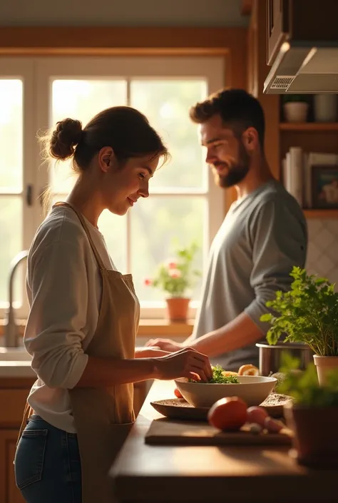 A woman cooking at the kitchen and her husband stand and watching her cooking 