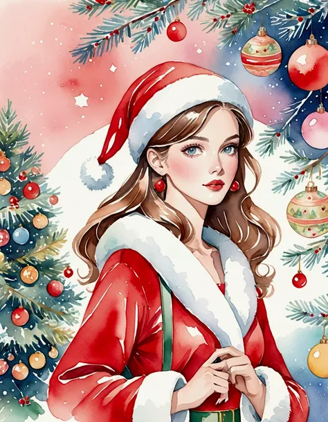 "Merry Christmas & Happy New Year", woman model in a Santa Claus costume, Christmas advertisement, high-end fashion illustration, magazine illustration, watercolor illustration style, Christmas decorations, Christmas Background, pastel tones, (tachisme), b...