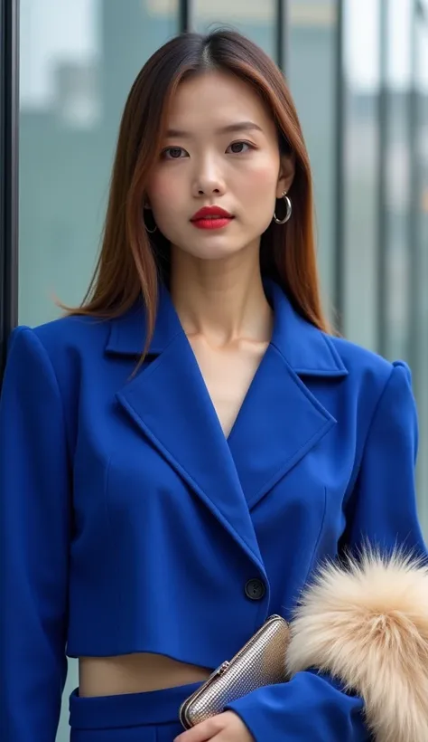 A bold high-fashion editorial featuring an Asian woman with sleek chestnut-brown hair styled into a straight middle part. She wears a cropped royal-blue blazer with structured lapels, layered over a beige faux-fur stole draped asymmetrically across her sho...