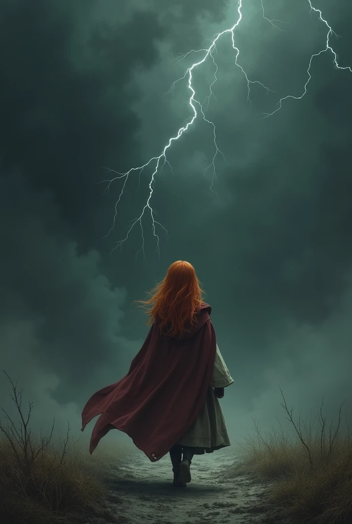  Create the image of a little red-haired girl wearing medieval robes and a burgundy cape amidst a dark storm, where theres only darkness and sadness ,  and shes walking through this dark chaos .   she is on her back , walking in the midst of this dark void