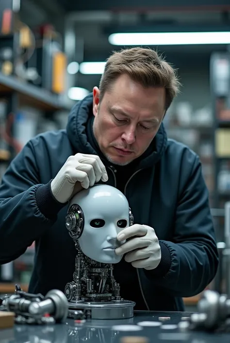 elon musk creating a ai robot, he screwing the screw of robot head, in his lab, looking to the viewer carefully, detailed face of elon musk, HD and realistic.