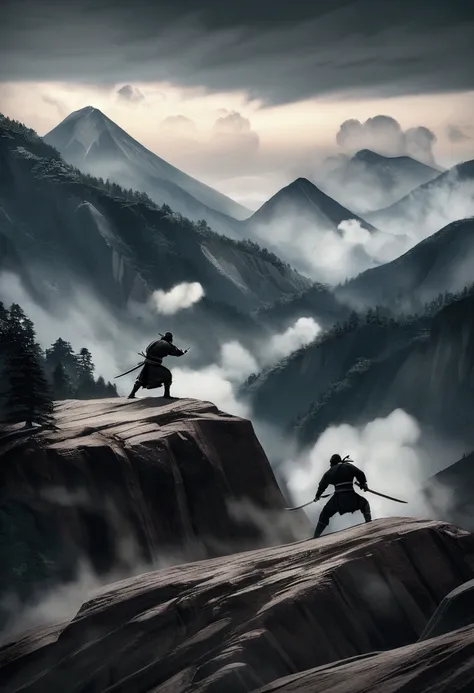  Create a photograph of two ninjas fighting on a mountain, with a storm in the background 