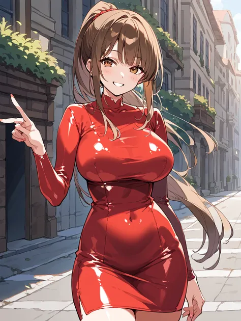 score_9, score_8_up, score_7_up,source_anime, 
1 girl, (brown_hair), long_hair, brown_eyes, long_ponytail, big breasts, 

{{thick outline}}, {{black outline}}, {{game cg}}, {{vector trace}}, 1 girl, model, rubber clothes, {{dress, pencil long skirt}}, tigh...