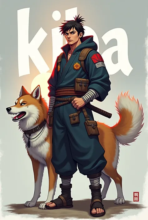 Create a image of Kiba Inuzuka in his Ninja outfit with his dog akamaru, also add kiba name in white gray background , the good morning time of japan