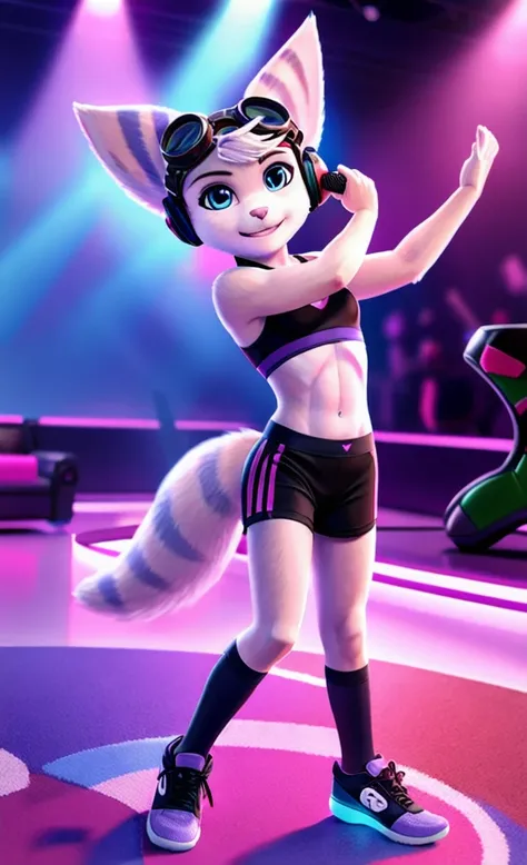 Rivet, tail, furry girl, 1girl, solo, young, pink sport shorts, pink sport bra, black soccer shoes, inside livingroom, dancing, listening to music wearing headphones, detailed body fur, detailed body, detailed eyes, detailed face, athletic, skinny, high qu...