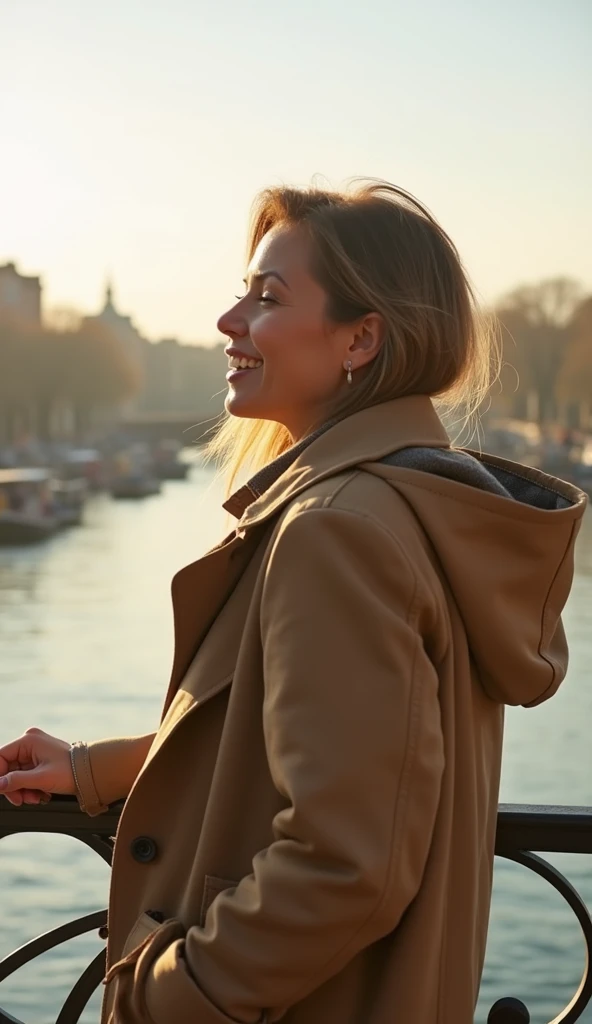 A 36-year-old woman enjoying a sunny riverside view, wearing a warm trench coat.