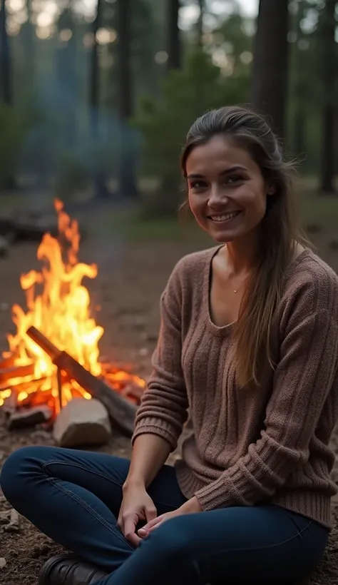 A 37-year-old woman sitting by a campfire in a rustic setting, wearing a knitted top.