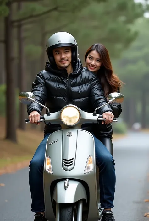 A high-quality photo of a young Indonesian couple riding a vespa sprint LX 2023 motorcycle. The man is wearing a helmet and a shiny latex vinyl puffer jacket, with navy blue jeans. The woman is wearing a black latex vinyl puffer jacket and tight black viny...