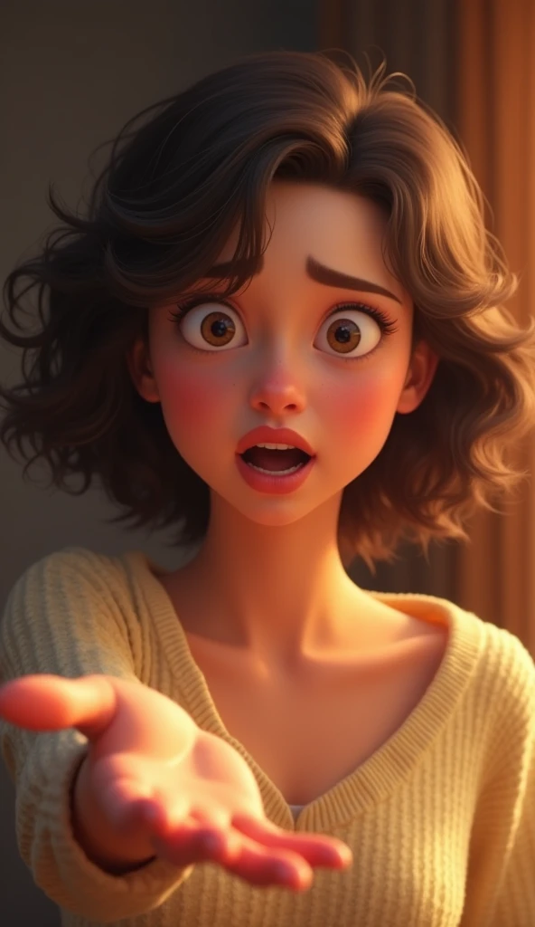  1 woman 、20 years old、 Pixar style、Surprised and in a hurry 、 spread your palm forward、 high definition , masterpiece, accurate,  top quality,  high definition model,  high detail,  Ultra High Definition,  textured skin, Reality,  open her mouth , 