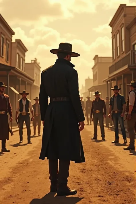 A dramatic Western showdown in a dusty frontier town at high noon. The new guy, dressed in a dark trench coat and a wide-brimmed hat, stands with his back to the viewer, facing a group of rugged cowboys armed and ready to attack. His hand hovers near his h...