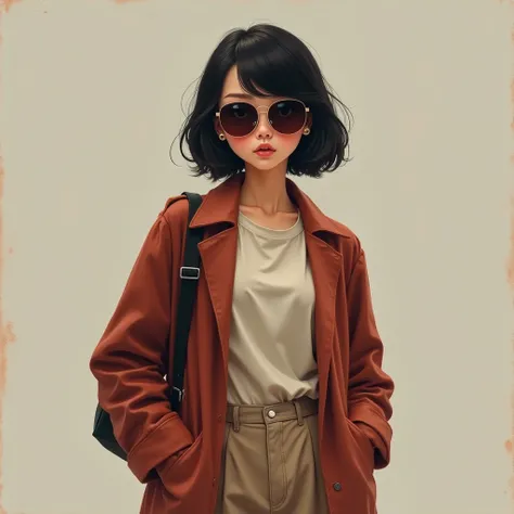  Midshorten-haired stocky 20 yers old girl with sunglasses in a red-brown jacket and bege pants, with eyes set close together, with wide cheekbones introduces herself, oil painting 